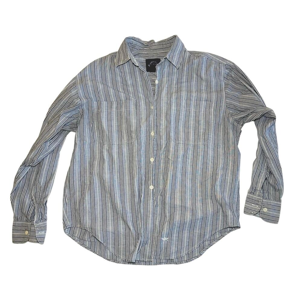 Vintage 90s Dockers Blue Stripe 100% Cotton Button Up Petite PS Grunge Prep Gray